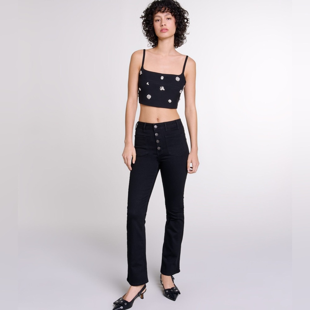 Maje Flare High Rise Jeans Front Patch Pocket Jeans Black